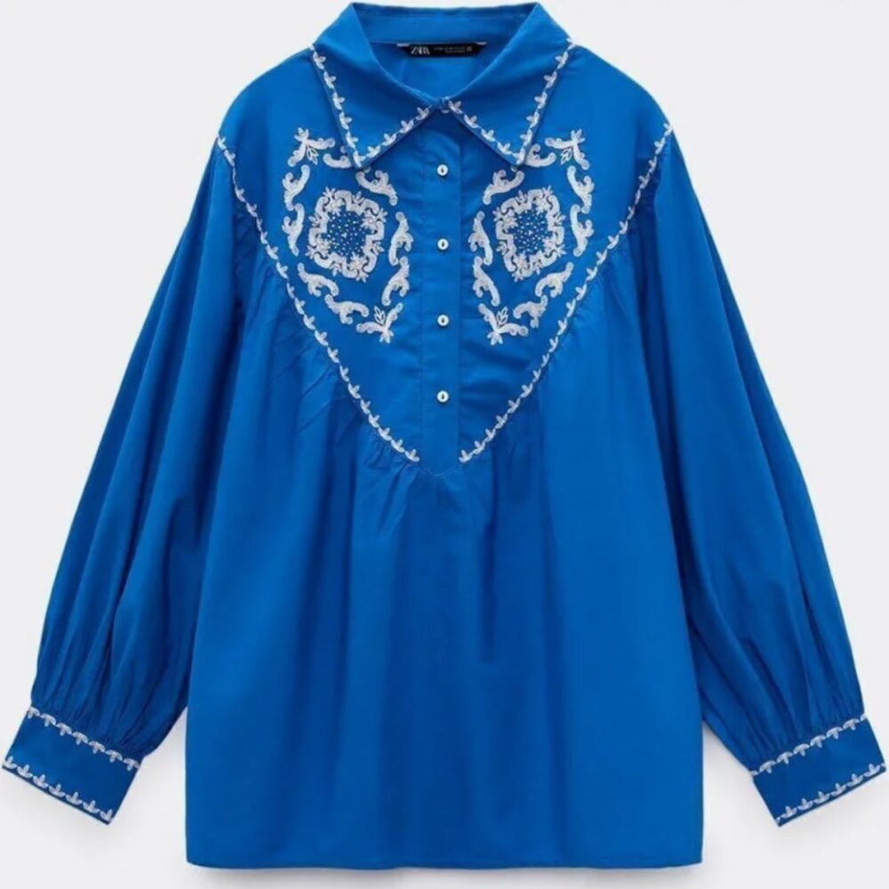 Zara Blue Embroidered Western Blouse Size XS